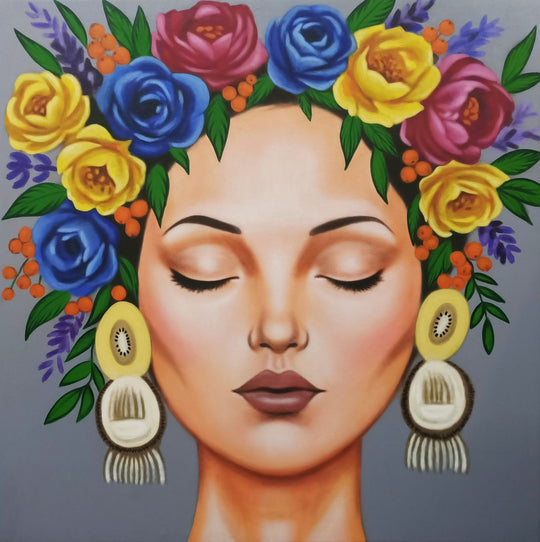 Floral Serenity - Hand Painted Contemporary Portrait Artwork 120x120cm - AC787