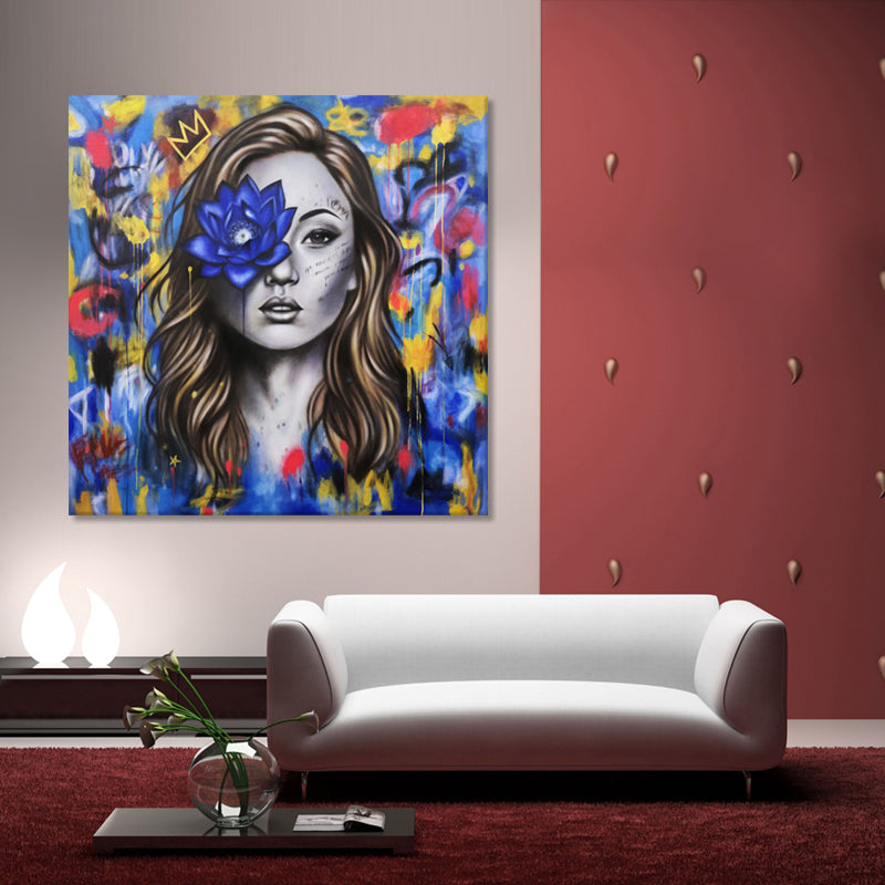 Blue Lotus Muse - Hand Painted Canvas Artwork - 120x120cm - AC790