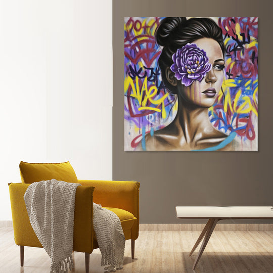 Urban Bloom Portrait - Hand Painted Canvas Artwork - 120x120cm - AC792