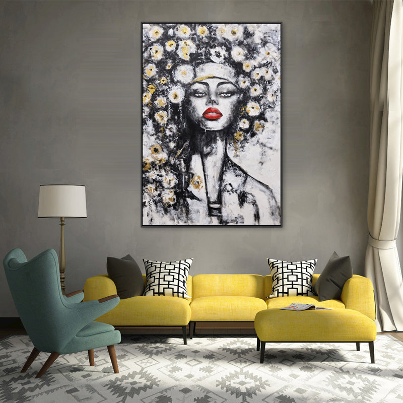 Golden Blossom Muse - Embellished Canvas Art in Black Frame - 100x150cm - CNL483