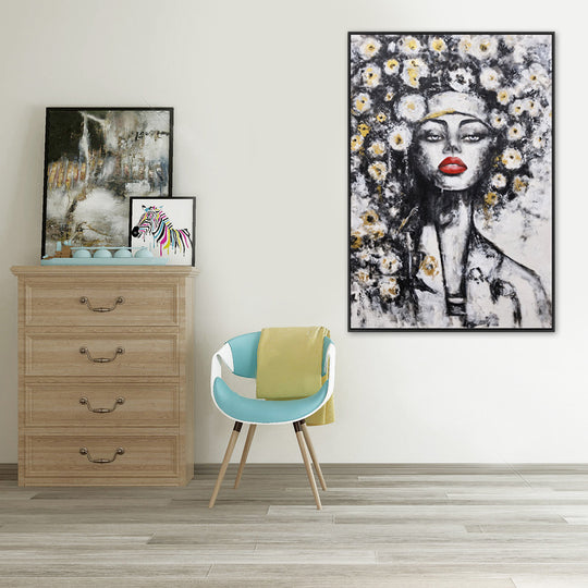 Golden Blossom Muse - Embellished Canvas Art in Black Frame - 100x150cm - CNL483