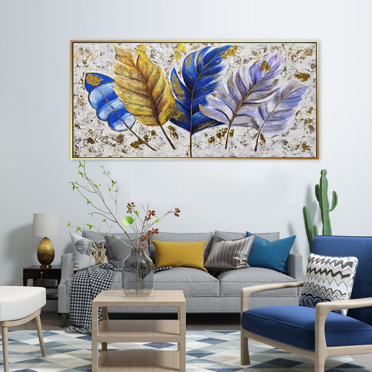 Royal Feathers - Embellished Canvas Art in Gold Coloured Frame - 80x150cm - CNL486