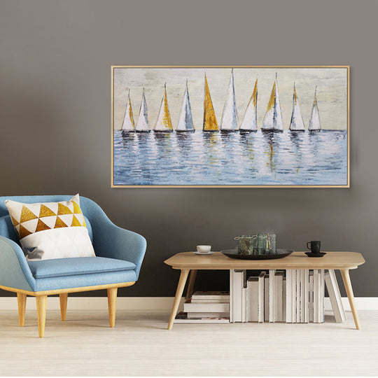 Golden Sails Regatta - Embellished Canvas Art in Oak Frame - 80x150cm - CNL496