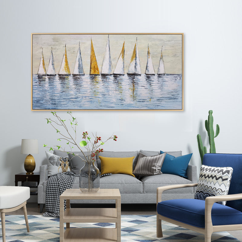 Golden Sails Regatta - Embellished Canvas Art in Oak Frame - 80x150cm - CNL496