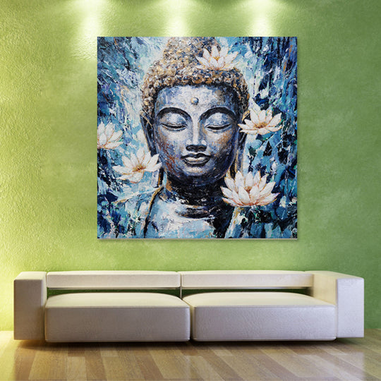 Blue Buddha - Embellished Mixed Media Art - EA347 - 90x90cm