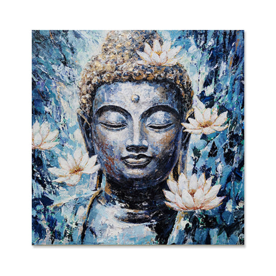 Blue Buddha - Embellished Mixed Media Art - EA347 - 90x90cm