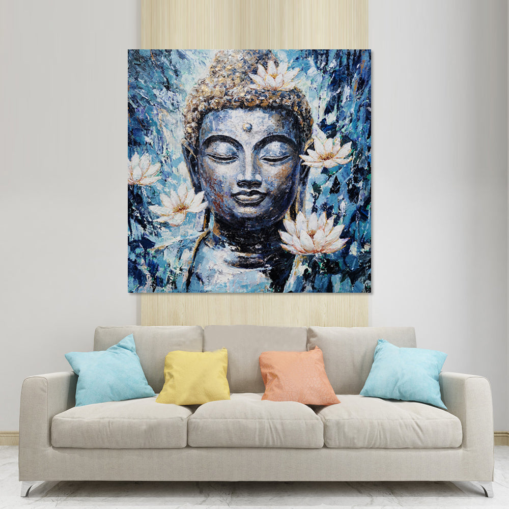 Blue Buddha - Embellished Mixed Media Art - EA347 - 90x90cm