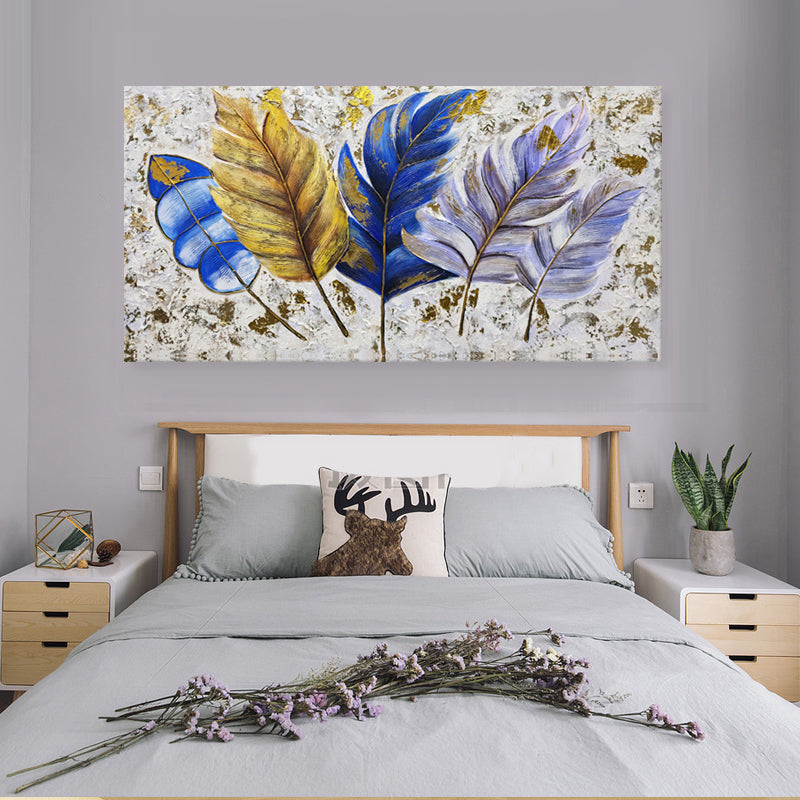 Sapphire & Gold Botanical Leaves - Embellished Textured Wall Art 60x120cm - EBA125