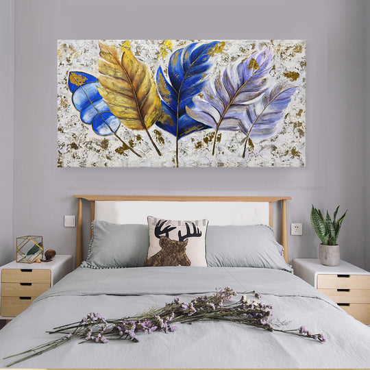 Sapphire & Gold Botanical Leaves - Embellished Textured Wall Art 60x120cm - EBA125