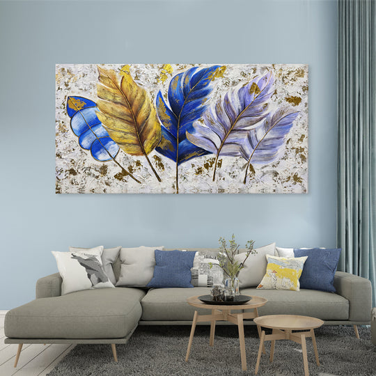 Sapphire & Gold Botanical Leaves - Embellished Textured Wall Art 60x120cm - EBA125