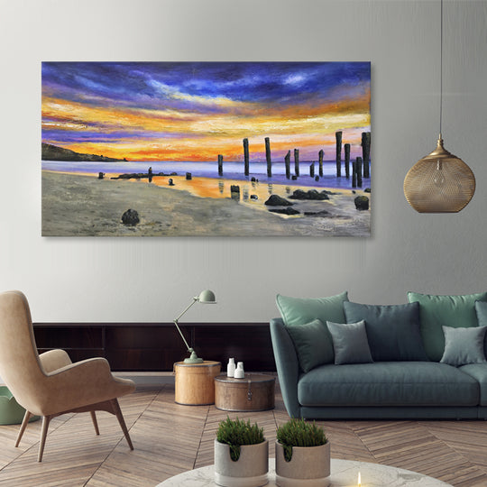Twilight Shoreline - Embellished Coastal Sunset Artwork 80x150cm - EBA126