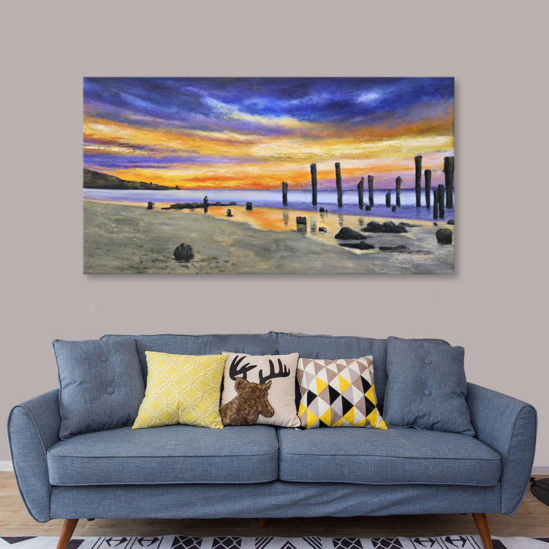Twilight Shoreline - Embellished Coastal Sunset Artwork 80x150cm - EBA126