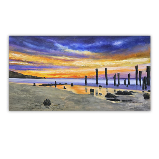 Twilight Shoreline - Embellished Coastal Sunset Artwork 80x150cm - EBA126