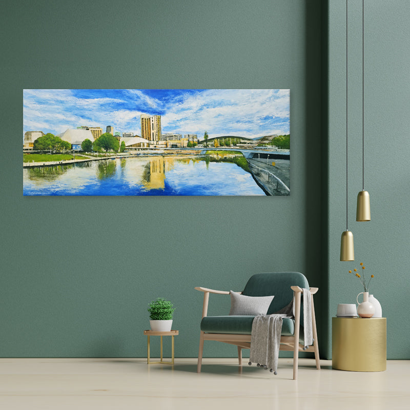 Adelaide Riverbank Reflections - Embellished Contemporary Cityscape Artwork 80x200cm - EBA127