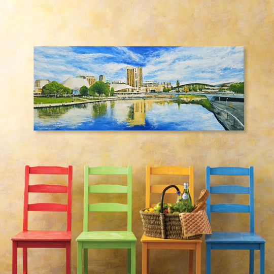 Adelaide Riverbank Reflections - Embellished Contemporary Cityscape Artwork 80x200cm - EBA127