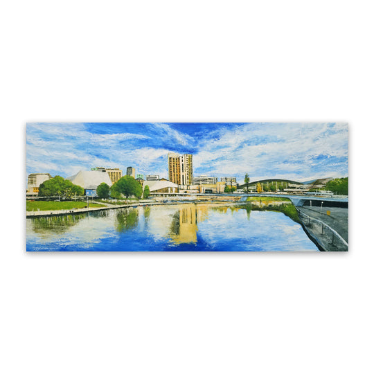 Adelaide Riverbank Reflections - Embellished Contemporary Cityscape Artwork 80x200cm - EBA127