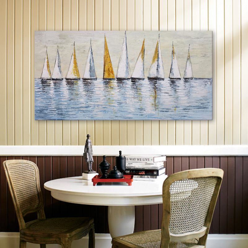 Golden Regatta - Embellished Contemporary Sailboat Artwork 60x120cm - EBA132