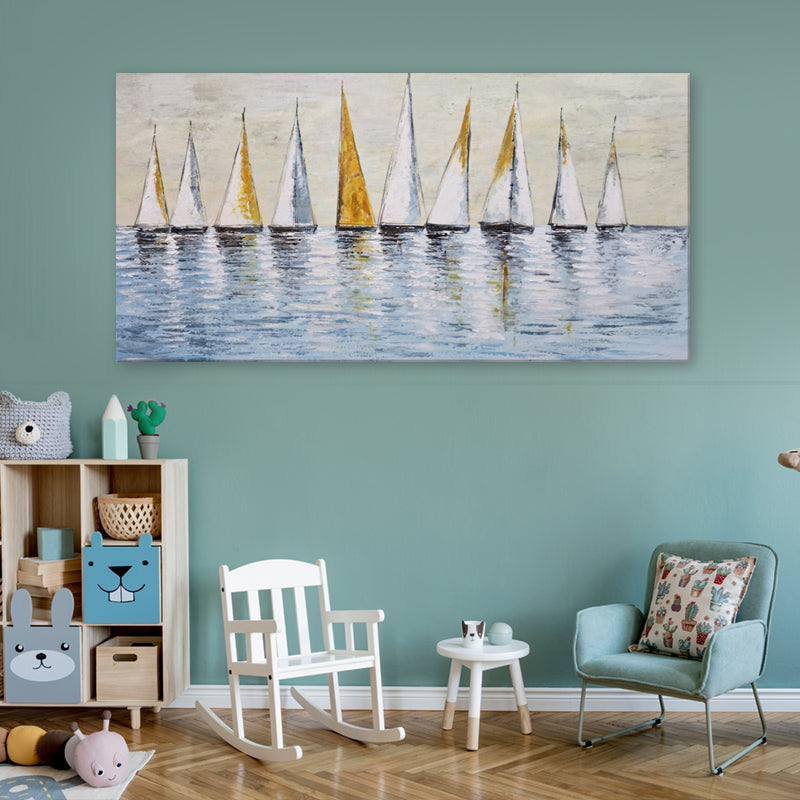 Golden Regatta - Embellished Contemporary Sailboat Artwork 60x120cm - EBA132