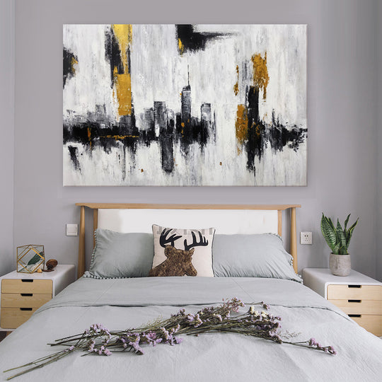 Golden Horizon Skyline - Embellished Contemporary Cityscape Artwork 80x120cm - EBA133