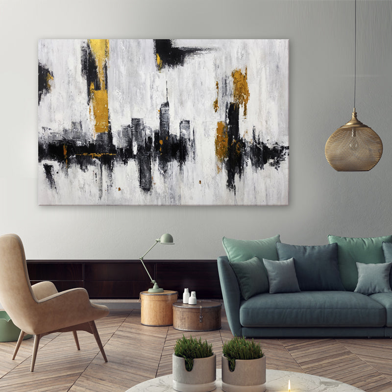 Golden Horizon Skyline - Embellished Contemporary Cityscape Artwork 80x120cm - EBA133