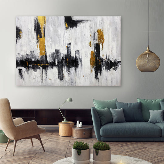 Golden Horizon Skyline - Embellished Contemporary Cityscape Artwork 80x120cm - EBA133
