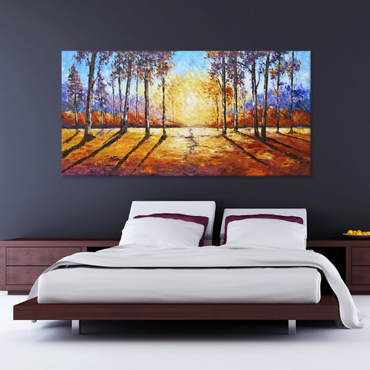 Golden Forest Light - Embellished Contemporary Landscape Print 100x200cm - EBA141