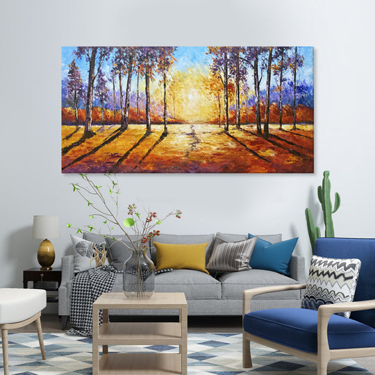 Golden Forest Light - Embellished Contemporary Landscape Print 100x200cm - EBA141