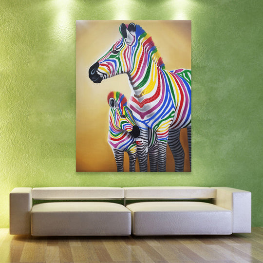 Vibrant Stripes: Hand-Painted Colorful Zebra Duo, Size 90x120