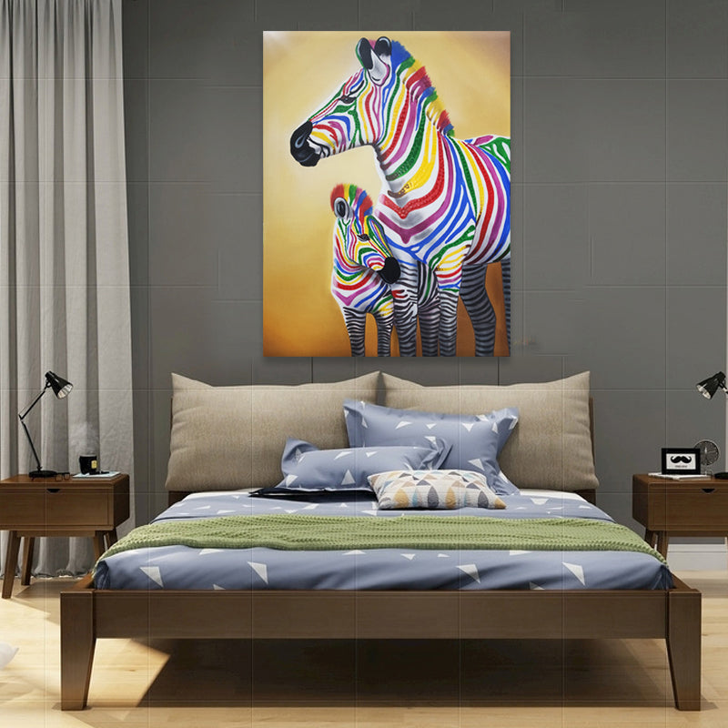 Vibrant Stripes: Hand-Painted Colorful Zebra Duo, Size 90x120