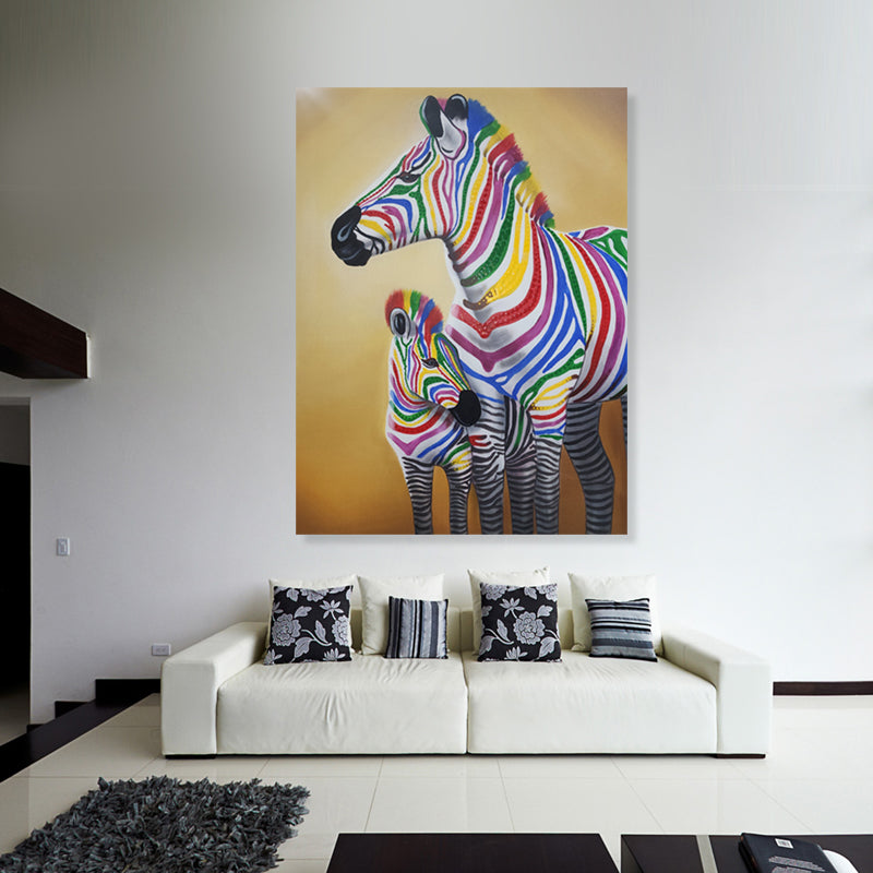 Vibrant Stripes: Hand-Painted Colorful Zebra Duo, Size 90x120