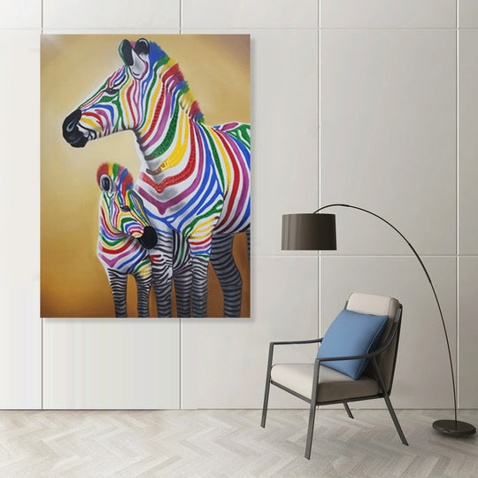 Vibrant Stripes: Hand-Painted Colorful Zebra Duo, Size 90x120