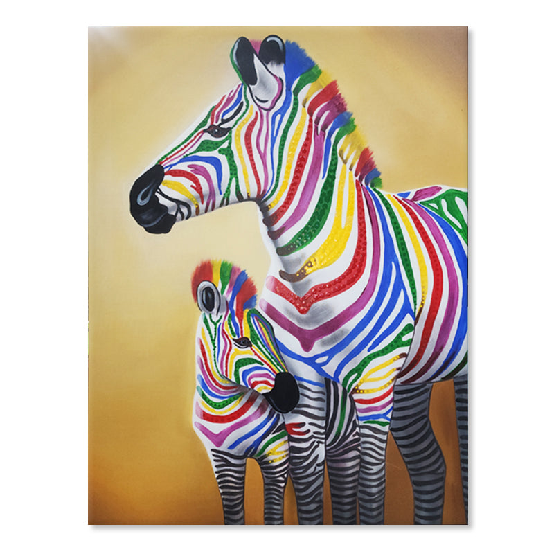 Vibrant Stripes: Hand-Painted Colorful Zebra Duo, Size 90x120