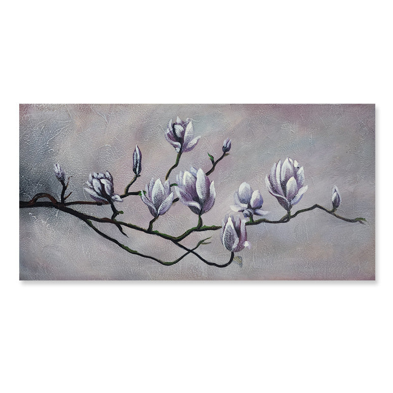 Painting of a branch with purple flowers on a gray background