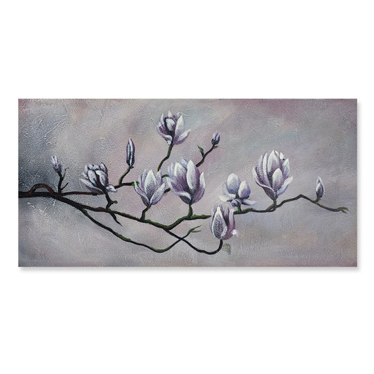 Painting of a branch with purple flowers on a gray background