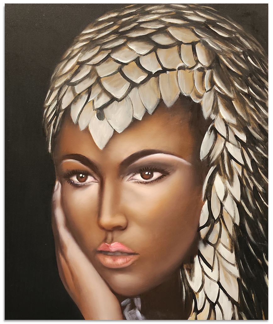 Sophisticated Beauty - Stunning, Highly Detailed Portrait of a Woman with a Beautiful, Elaborate Headdress. Size 100x120cm