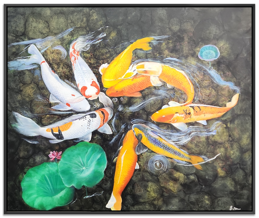 Koi Fish - Stunning, Highly Detailed Depiction of Koi Fish, finished with High Quality Black Frame, Size 100x120cm