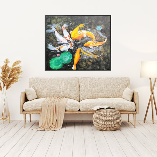 Koi Fish - Stunning, Highly Detailed Depiction of Koi Fish, finished with High Quality Black Frame, Size 100x120cm