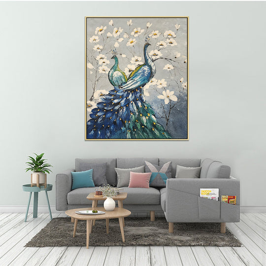 A Flowery Display - Stunning Oil Painting Featuring Peacocks, Size 100x120cm