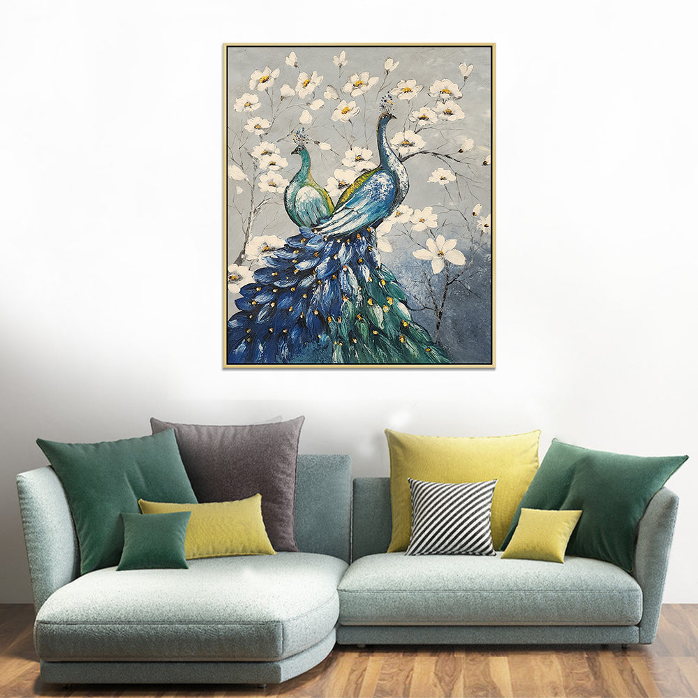 A Flowery Display - Stunning Oil Painting Featuring Peacocks, Size 100x120cm