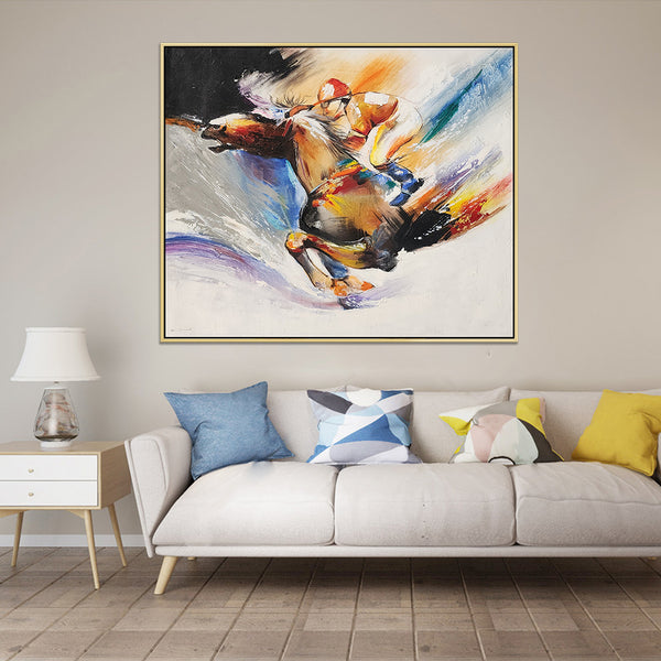 The Racehorse - Stunning hand painted Artwork featuring a Horse racing, Oak Framed.
