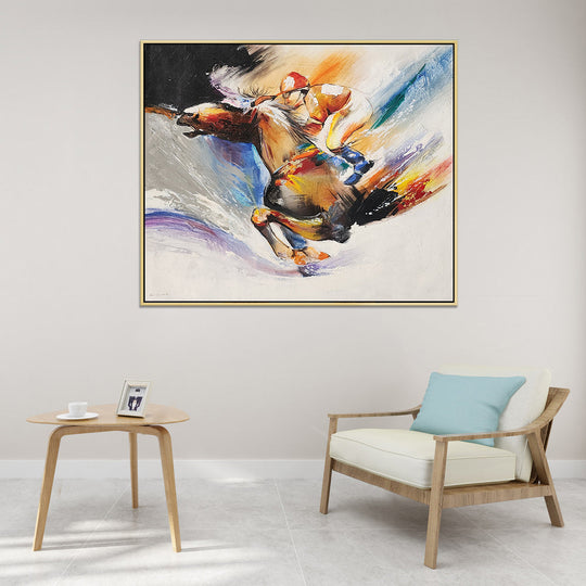 The Racehorse - Stunning hand painted Artwork featuring a Horse racing, Oak Framed.