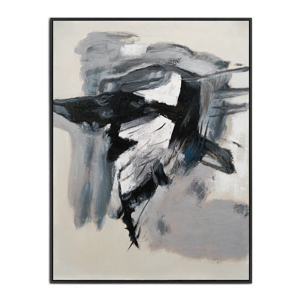 Monochrome Motion - Hand Painted Abstract Artwork in Black Shadow Frame 75x100cm - AC273A