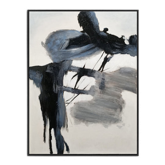 Monochrome Balance - Hand Painted Abstract Artwork in Black Shadow Frame 75x100cm - AC273B