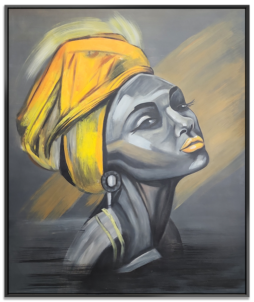 Portrait of a Woman - Stunning, stylized Depiction of a woman wearing a traditional Head Wrap, Size 100x120cm and finished with a Black Frame