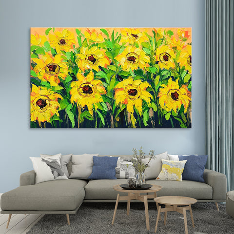 Sunflowers - Stunning, Warm and Bright Textural Palette Knife Painting Depicting several Sun Flowers, size 80x130cmAC462-80x130