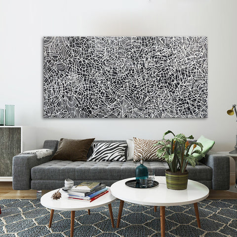 Lines of Trepidation - Striking Modern Abstract Art depicting a Flurry of Painted White Lines on a Black Background, size 100x200cm