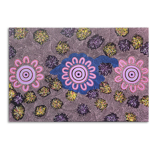Field of Light - Beautiful Dot Painting Artwork Featuring Pink, Blue and Earthy Yellow Tones, Size 100x150cm