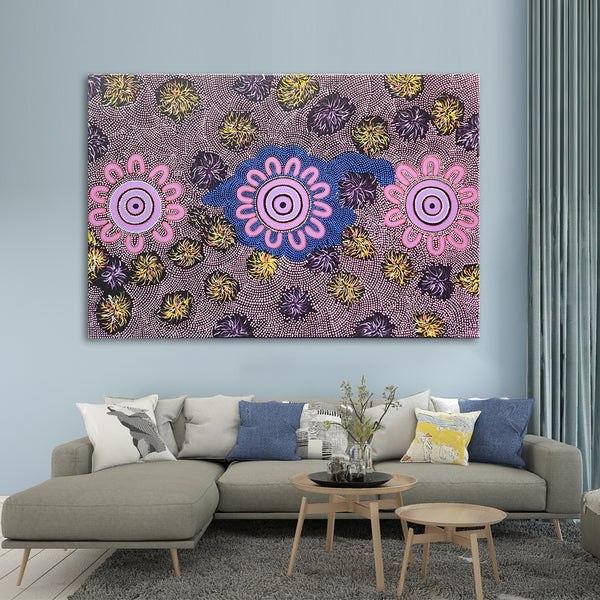 Field of Light - Beautiful Dot Painting Artwork Featuring Pink, Blue and Earthy Yellow Tones, Size 100x150cm