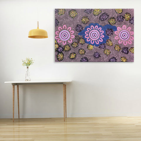Field of Light - Beautiful Dot Painting Artwork Featuring Pink, Blue and Earthy Yellow Tones, Size 100x150cm