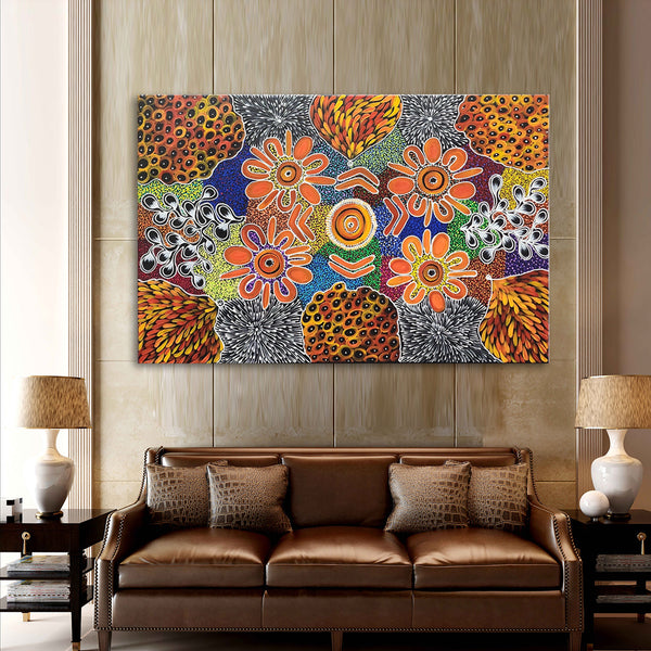 Synchrony of Bliss - Lovely Modern Dot Painting Artwork Featuring Colourful Painted Forms on a Meticulously Painted Dotted Backround, Size 100x150cm